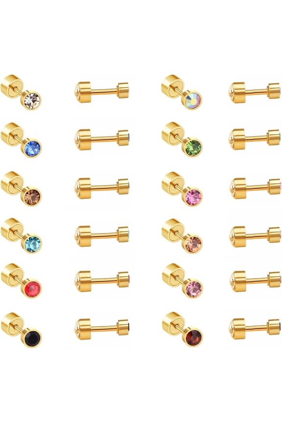 12 Pairs 20g CZ Cartilage Stud Earrings Set Hypoallergenic Colorful Cubic Zirconia Earring Stainless Steel Small Flat Back Stud Gold Plated for Multiple Piercing Fashion Body Barbell Jewelry