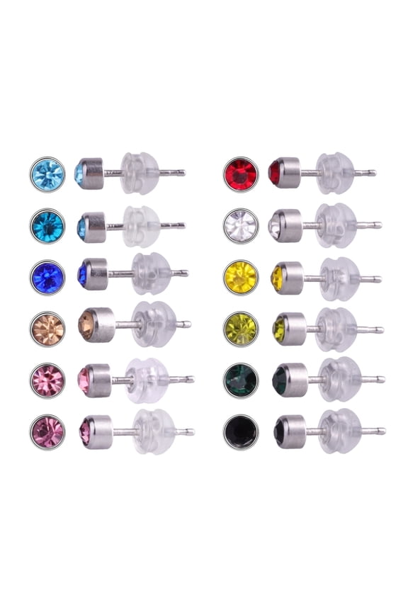 12 Pairs 316L Stainless Steel Stud Earrings,Birthstone colourful Crystal Earring Sets for Women with Size 3mm 4mm 5mm