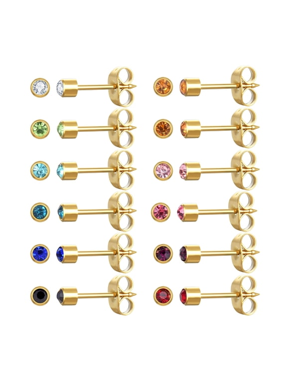 12 Pairs 3mm Ear Piercing Stud Earrings, Surgical Stainless Steel Multicolor Cubic Zirconia Birthstone Stud Earrings for Ear Piercing Guns