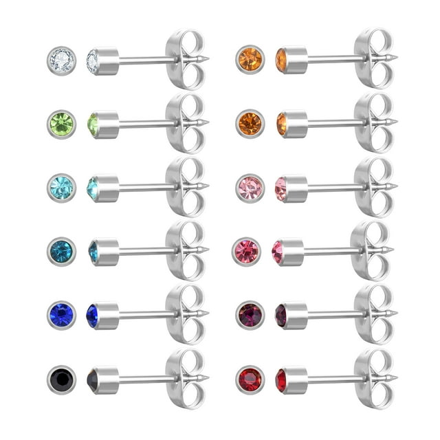 12 Pairs 3mm Ear Piercing Stud Earrings, Surgical Stainless Steel Multicolor Cubic Zirconia