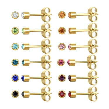 12 Pairs 3mm Ear Piercing Stud Earrings, Surgical Stainless Steel Multicolor Cubic Zirconia Birthstone Stud Earrings for Ear Piercing Guns