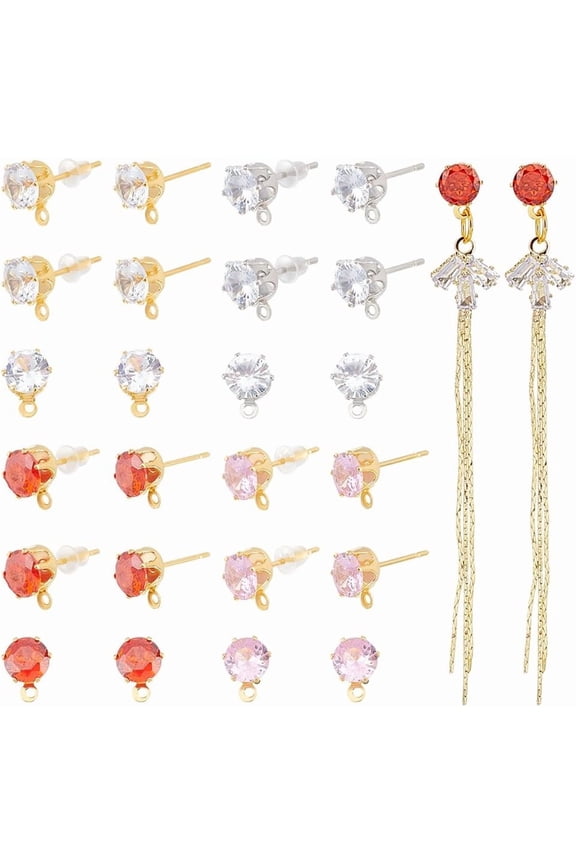 12 Pairs 4 Colors Rhinestone Stud Earring Findings with Horizontal Loops Metal Cubic Zirconia Ear Studs and 50pcs Plastic Ear Nuts Earrings Posts