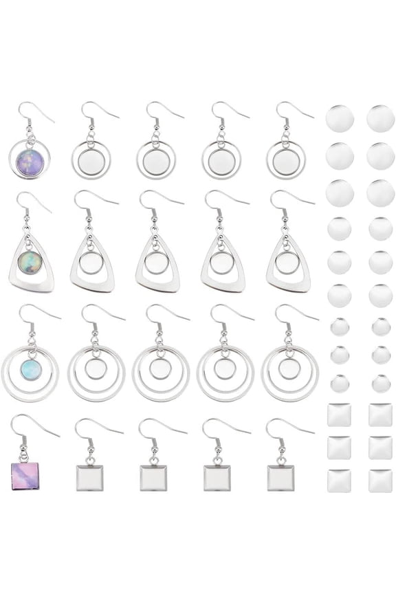 12 Pairs 4 Styles Glass Blank Dome Dangle Earrings 304 Stainless Steel Earring Bezel Settings Triangle Ring Square Cabochon Base Trays DIY Ear Hooks Findings for Jewelry Making