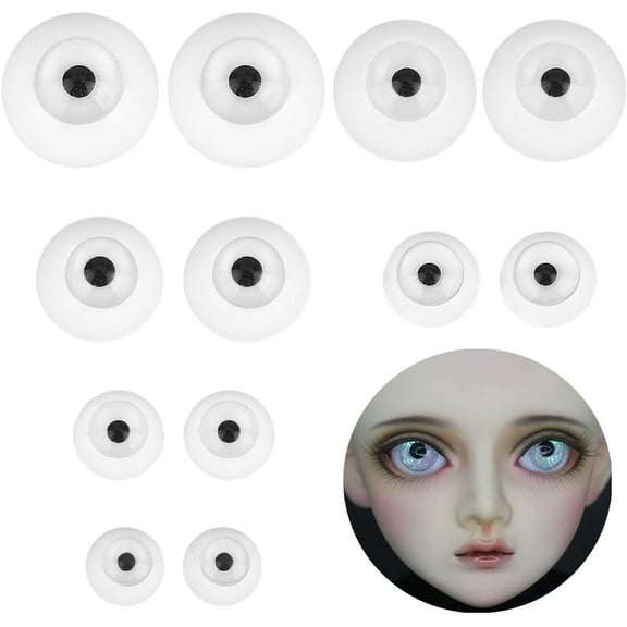 12 Pairs 6 Styles White Half Round Acrylic Craft Eyes 6/7/8/9/10/11mm Diameter Half Round Acrylic Eyeballs Half Round Realistic Acrylic Eyes for Figure Plush Animal DIY Making
