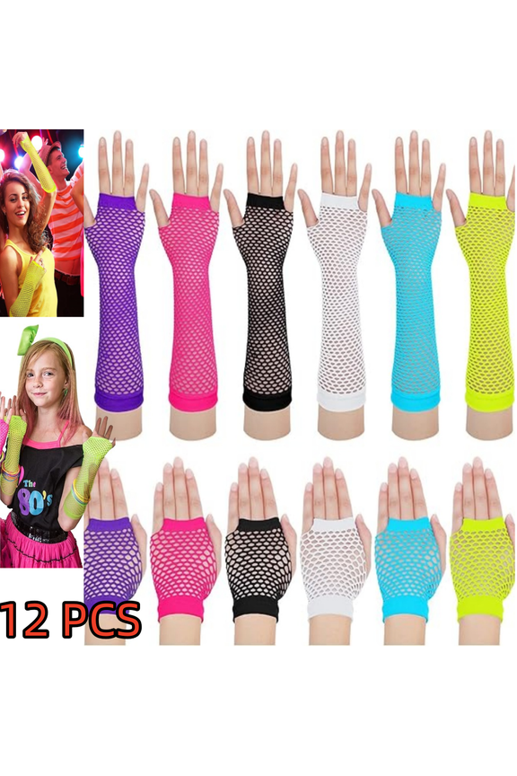 12 Pairs 80s 90s Fishnet Mesh Glove for Women Neon Fingerless Long Short Gloves for Halloween Party Cosplay Costume