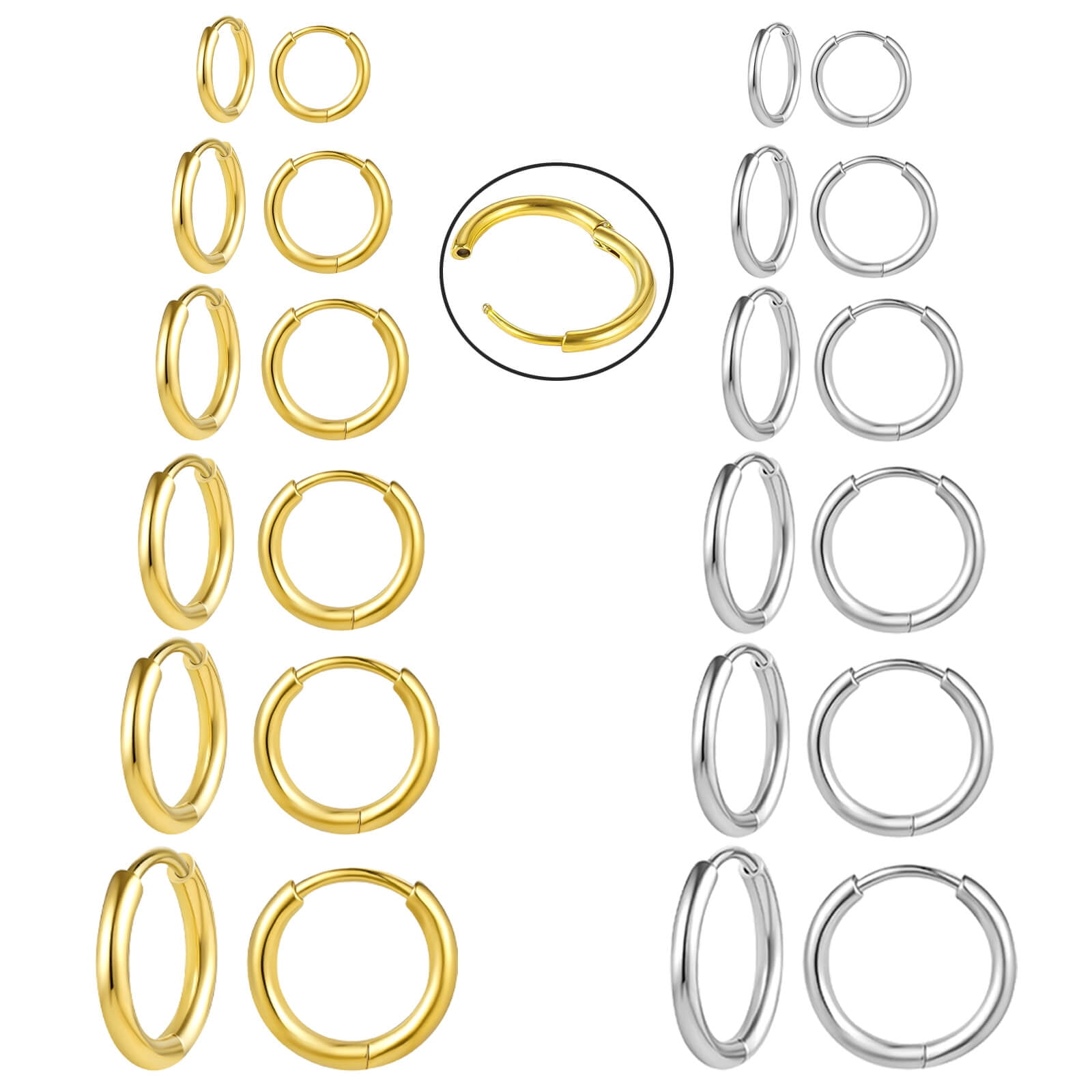 12 Pairs Adults 316L Surgical Stainless Steel Huggie Hoop Earrings 6mm