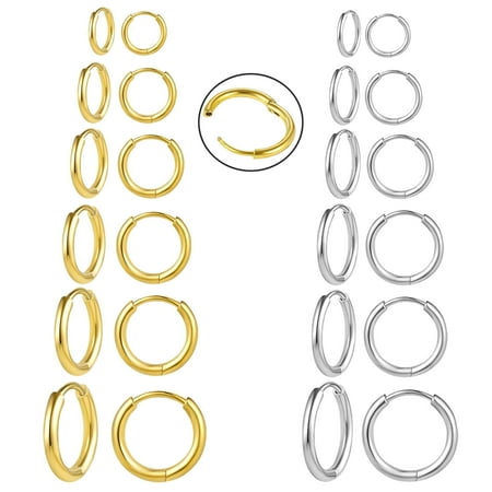 12 Pairs Adults 316L Surgical Stainless Steel Huggie Hoop Earrings 6mm 8mm 10mm 12mm 14mm 16mm Hypoallergenic Earrings Hoop Cartilage Helix Lobes Hinged Earrings For Men Women (Silver+ Gold)