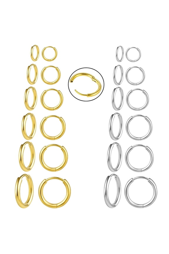 12 Pairs Adults 316L Surgical Stainless Steel Huggie Hoop Earrings 6mm 8mm 10mm 12mm 14mm 16mm Hypoallergenic Earrings Hoop Cartilage Helix Lobes Hinged Earrings For Men Women (Silver+ Gold)