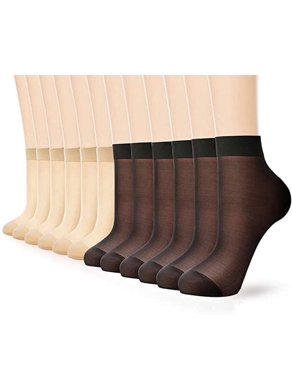 12 Pairs Sheer Ankle Stockings for Women, 20D Nylon Socks, 6Black & 6Nude