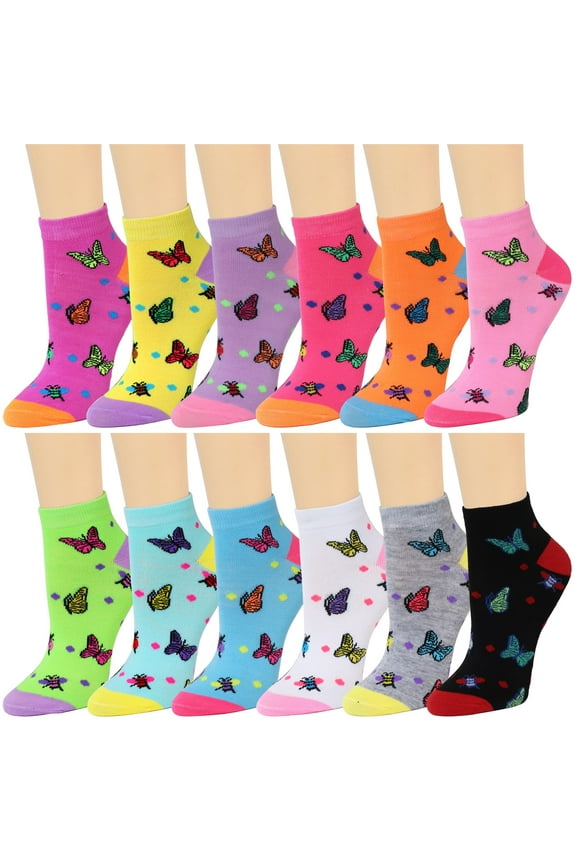 12 Pairs Assorted Colors Butterfly Designed Women Novelty Ankle Socks