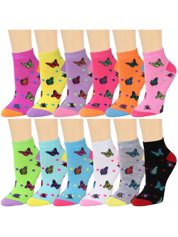 12 Pairs Assorted Colors Butterfly Designed Women Novelty Ankle Socks