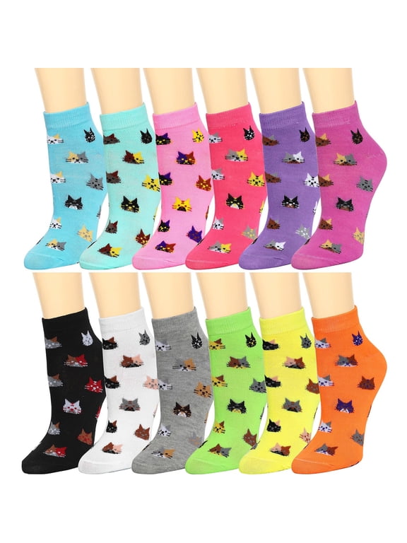 12 Pairs Assorted Colors Women Novelty Ankle Socks - Cat
