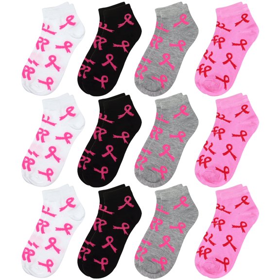 12-Pack Assorted Colors Women's Ankle Socks Size 9-11 Pink Ribbon Awareness