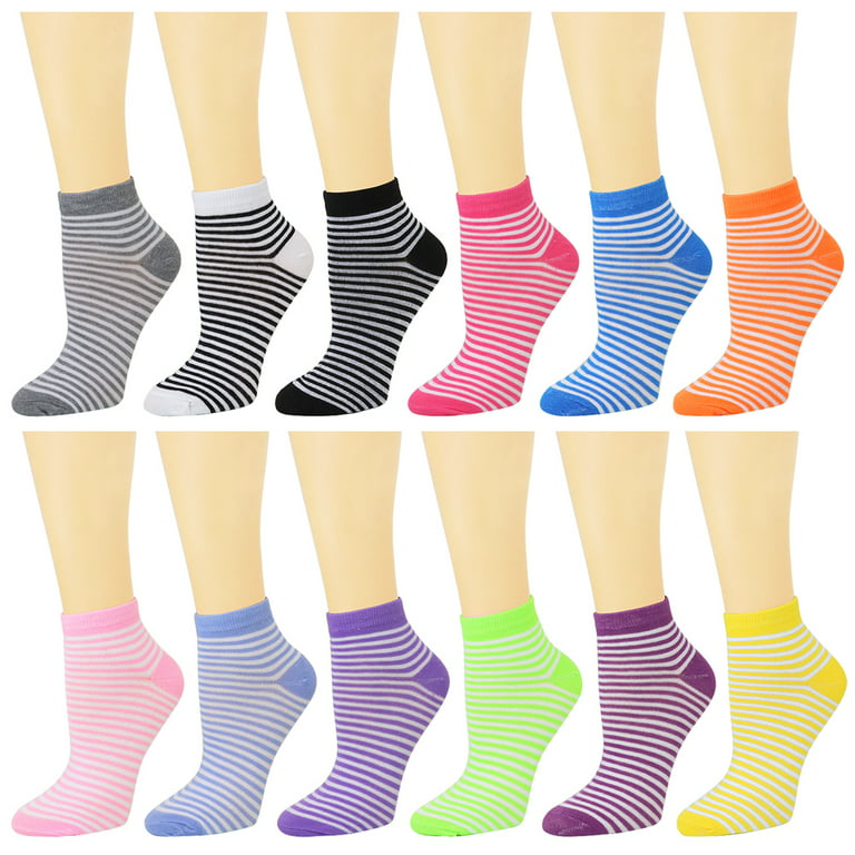 12 Pairs Assorted Colors Women's Ankle Socks Size 9-11 Striped