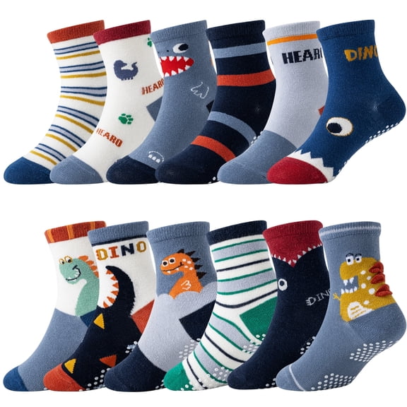 12 Pairs Baby Boys Grips Socks Kids Toddlers Infants Anti Slip Non Skid Funny Cartoon Crew Breathable Cotton Socks