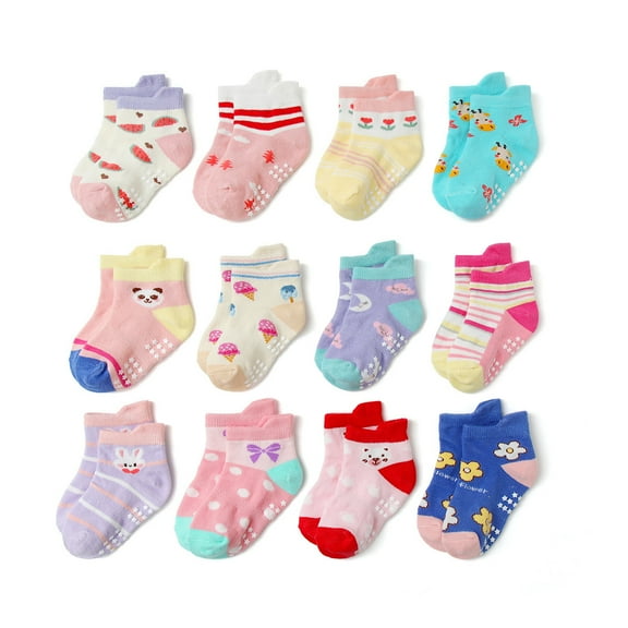 12 Pairs Baby Girls Rabbit Socks Non Slip Grips Sticky Slippery Crew Socks, 1-3/3-5/5-7 Years Old