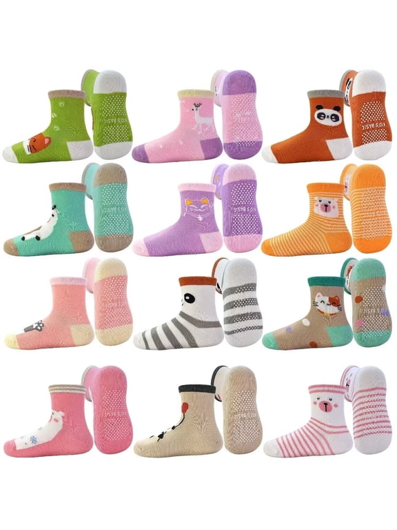 12 Pairs Baby Toddlers Girls Socks Non Slip Crew Kids Socks with Grips for Little Girl Gripper Socks for 0-7 Years