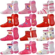 SKIBEAUT 12 Pairs Baby Toddlers Girls Socks Non Slip Crew Kids Socks with Grips for Little Girl Gripper Socks for 0-7 Years