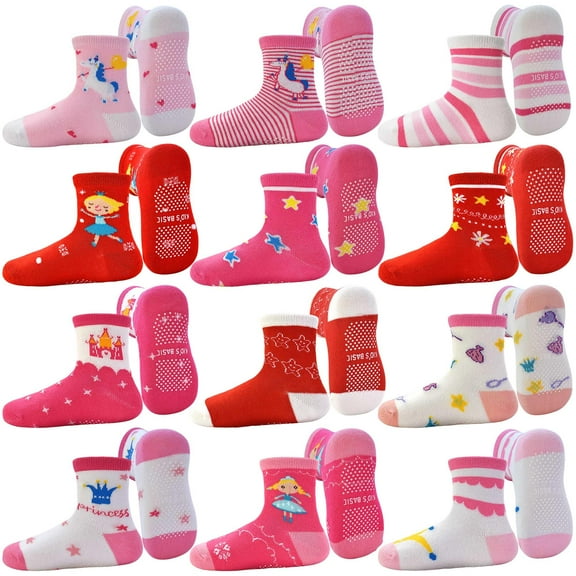 12 Pairs Baby Toddlers Girls Socks Non Slip Crew Kids Socks with Grips for Little Girl Gripper Socks for 0-7 Years