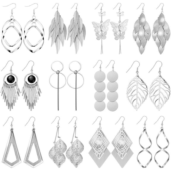 12 Pairs Bohemian Drop Earrings for Women,Hypoallergenic Surgical Steel, Lightweight Vintage Dangle Jewelry Set, Boho Chic Gift for Party Wedding Vacation(silver)