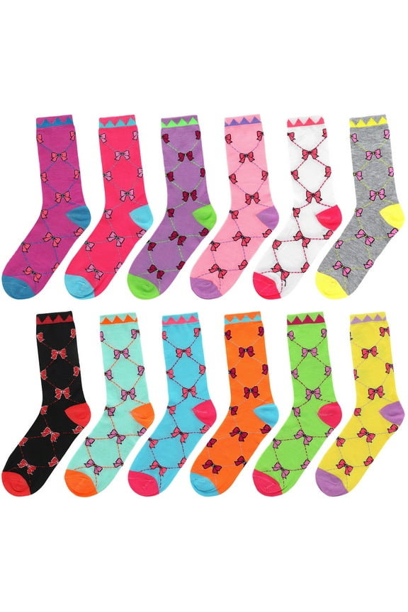 12 Pairs Bowknot Women's Crew Socks Fancy Novelty Designed Size 9-11 Multicolor Assorted