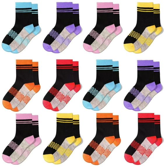 12 Pairs Boys Crew Socks Novelty Plaid Kids Elastic Mid Cut Toddler Socks for Boy Girls(2-14T)
