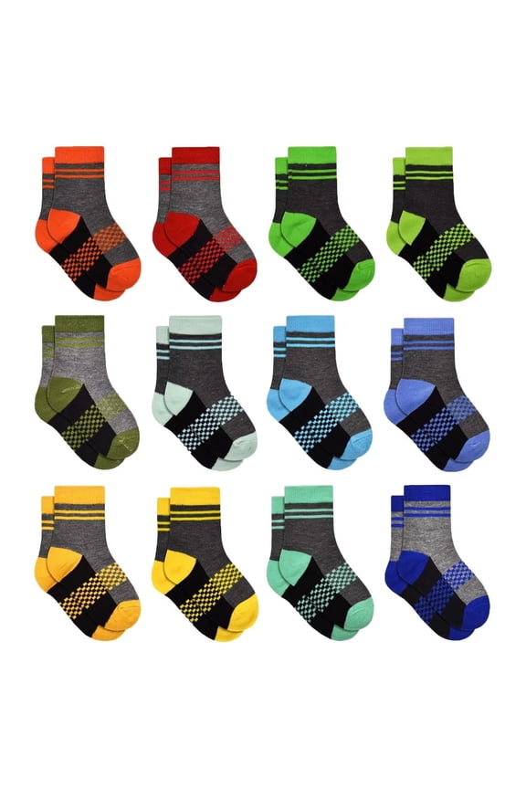 12 Pairs Boys Crew Socks Novelty Plaid Kids Elastic Mid Cut Toddler Socks for Boy Girls(2-14T)