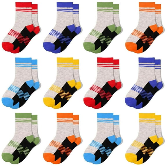 12 Pairs Boys Crew Socks Novelty Plaid Kids Elastic Mid Cut Toddler Socks for Boy Girls(2-14T)