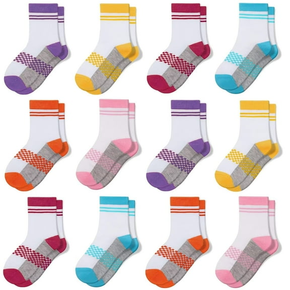 12 Pairs Boys Crew Socks Novelty Plaid Kids Elastic Mid Cut Toddler Socks for Boy Girls(2-14T)