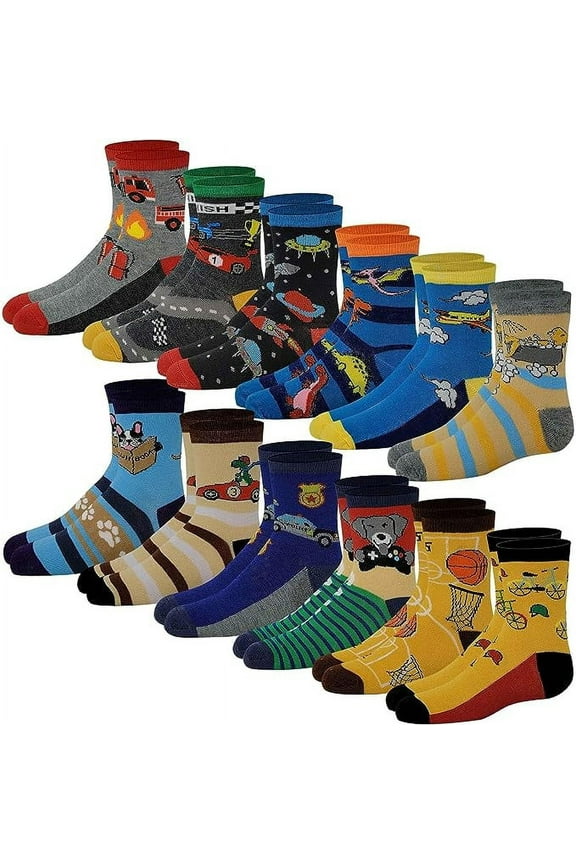12 Pairs Boys Evaryday Colorful Assorted Novelty Design Crew Socks