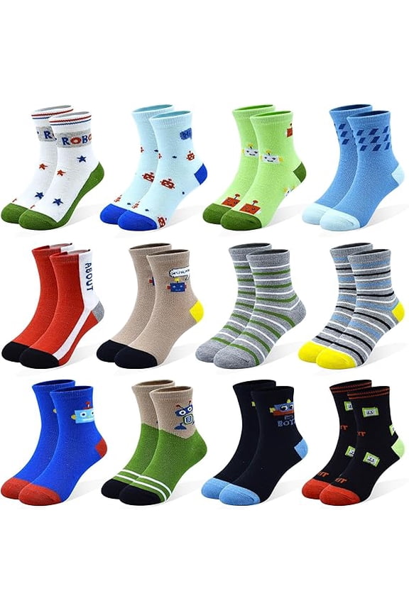 12 Pairs Boys Socks for Kids Crew Socks Cotton Cartoon Novelty Crazy for Toddler 1-7 Years Old