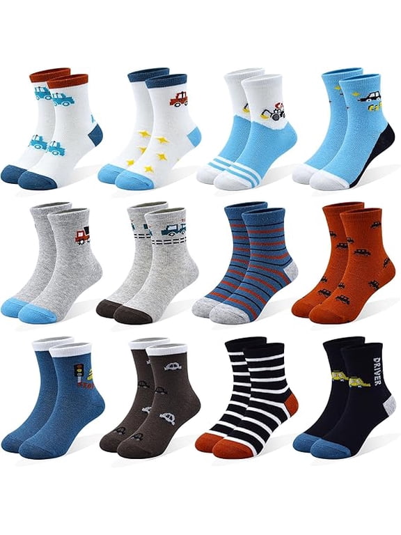 12 Pairs Boys Socks for Kids Crew Socks Cotton Cartoon Novelty Crazy for Toddler 1-7 Years Old