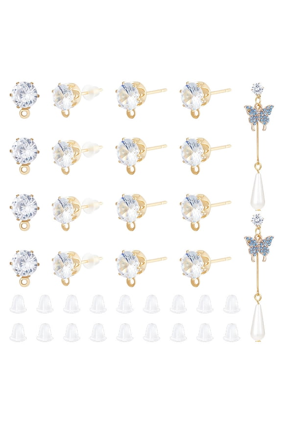 12 Pairs Brass Cubic Zirconia Stud Earring Findings with Horizontal Loop 50Pcs Plastic Ear Nuts Real 14K Gold Plated 8x6x5.5mm Hole: 1mm Pin: 0.7mm