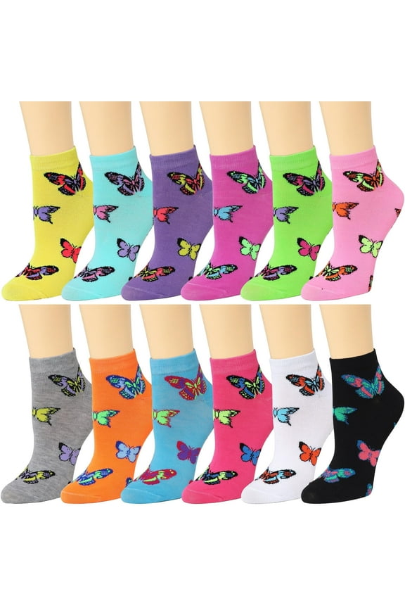 12 Pairs Butterfly Pattern Assorted Colors Women Novelty Ankle Socks