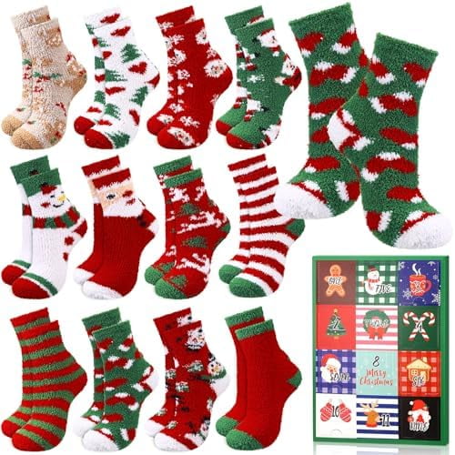12 Pairs Christmas Fuzzy Socks Advent Calendar 2025 Unisex Socks Set for Adults 12 Days Countdown Calendar Gift Colorful Fluffy Warm Socks for Xmas Party Favor Gift Holiday