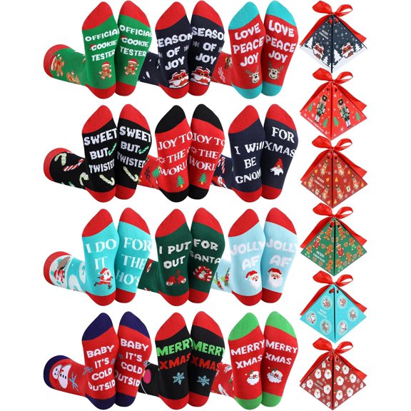 12 Pairs Christmas Socks for Men Women in Gift Box Novelty Crew Socks Holiday Stocking Stuffers Funny Xmas Gift Advent Calendar