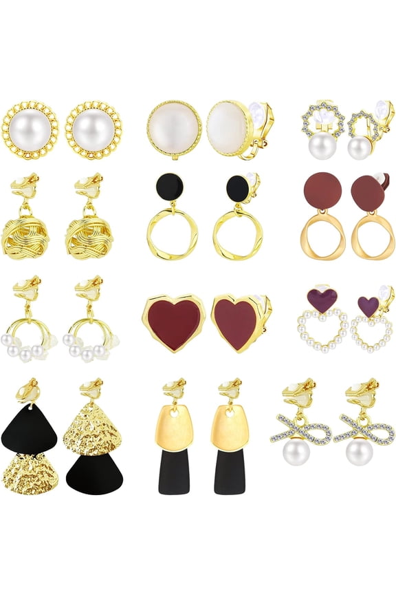 12 Pairs Clip On Earrings For Women Cute Earrings Crystal Earrings Pearl Earrings Charming Fashion Earrings Non Piercing Clip On Earrings For Women[Z4715]