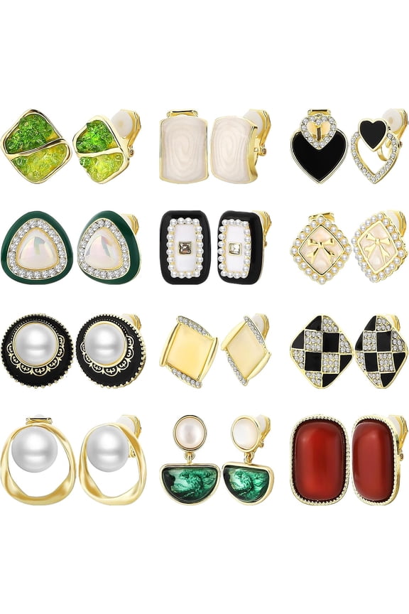 12 Pairs Clip On Earrings For Women Cute Earrings Crystal Earrings Pearl Earrings Charming Fashion Earrings Non Piercing Clip On Earrings For Women[Z4716]