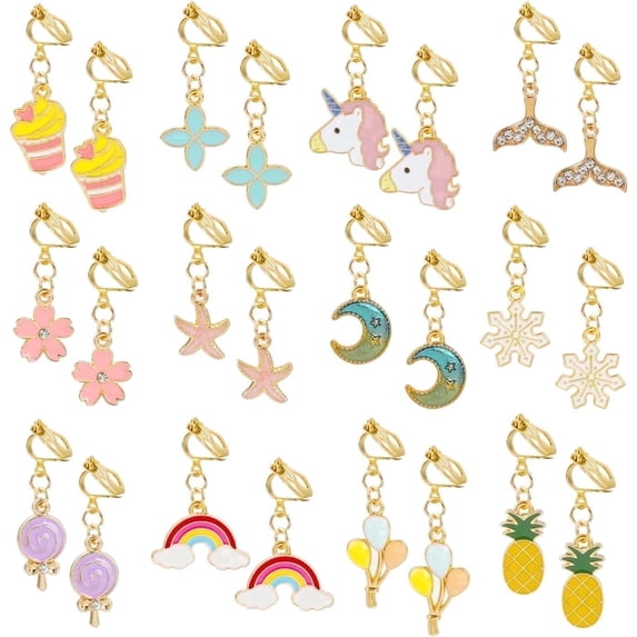 12 Pairs Clip-On Earrings, Princess Dress-Up Jewelry Set, Non-Pierced Earrings with Unicorn, Mermaid, Flower, Rainbow and Moon Designs for Parties, Cosplay and Dress-Up