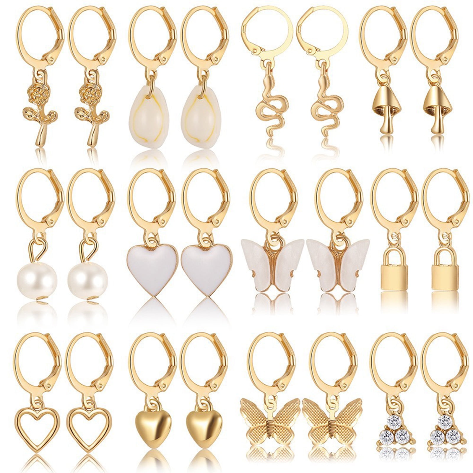 12 Pairs Clip on Earrings Drop Earrings Set Gold Plated Ear Clips Non ...