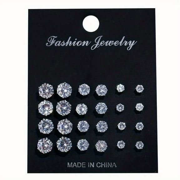 12 Pairs Cubic Zirconia Stud Earrings Set for Men and Women, Large Medium Small Sizes, Classic Hypoallergenic Jewelry for Daily Wear and Special Occasions