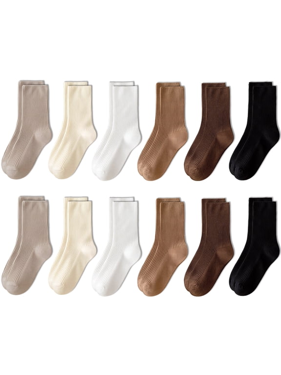 12 Pairs Cute Crew Socks for Women, Neutral Casual Aesthetic Socks