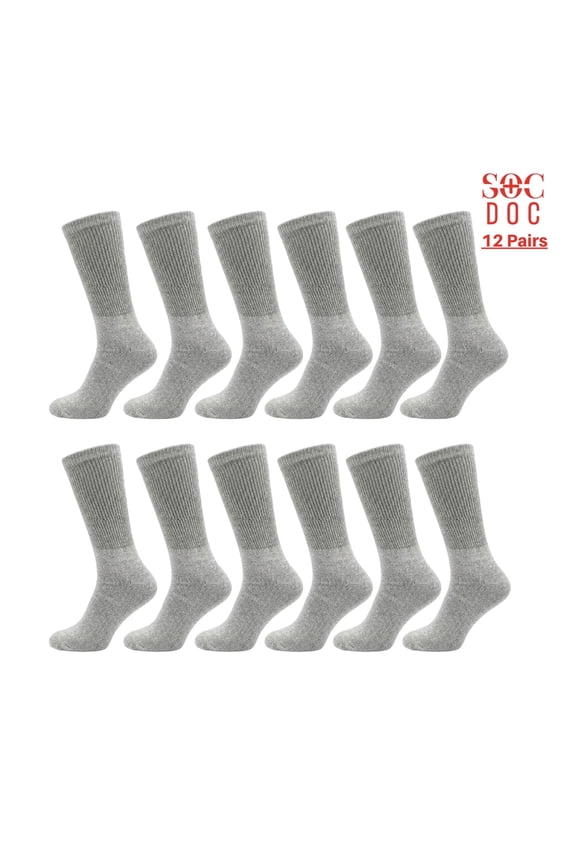 12 Pairs Diabetic Crew Socks for Men & Women, Non-Binding, Moisture Wicking, Comfort Fit, Size 9-11, Gray
