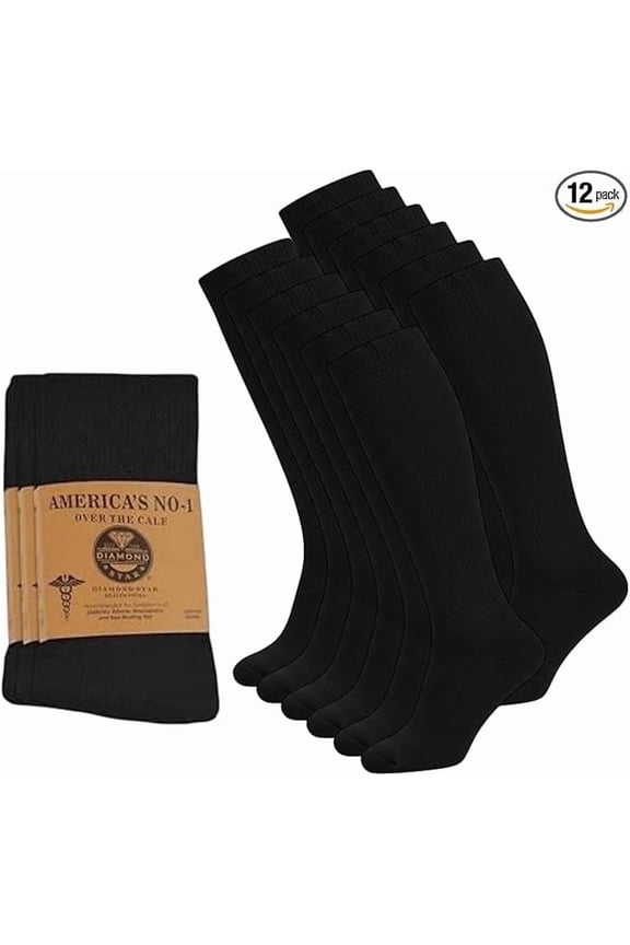 Diabetic Over the Calf, Non-binding Premium Cushion Cotton Knee High Comfortable Socks for Men (Black - 12 Pairs, Sock Size 13-16)