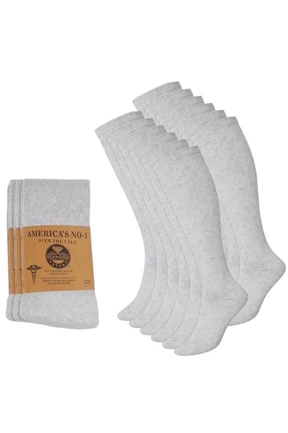 Diabetic Over the Calf, Non-binding Premium Cushion Cotton Knee High Comfortable Socks for Men (Gray - 12 Pairs, Socks Size 10-13)