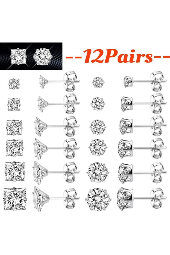 12 Pairs Diamond Stud Earrings Set Stainless Steel Plated Princess Round Cut Cubic Zirconia Earring Hypoallergenic Jewelry for Women Men