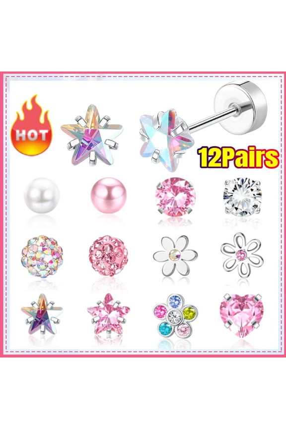 12 Pairs Earrings for Women Hypoallergenic Flat Back Earrings for Sensitive Skin Cartilage Screw Back Star Heart Flower Stud Earrings for Women