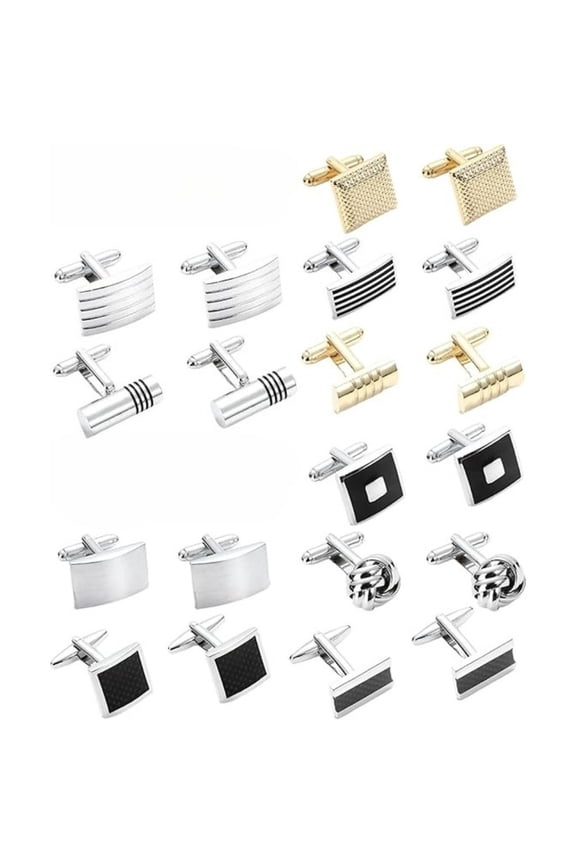 12-Piece Classic Tone Cufflinks Set for Men - Silver & Black, Geometric Shapes, Premium Cuff Links for Wedding, Business & Formal Events With Storage Bag