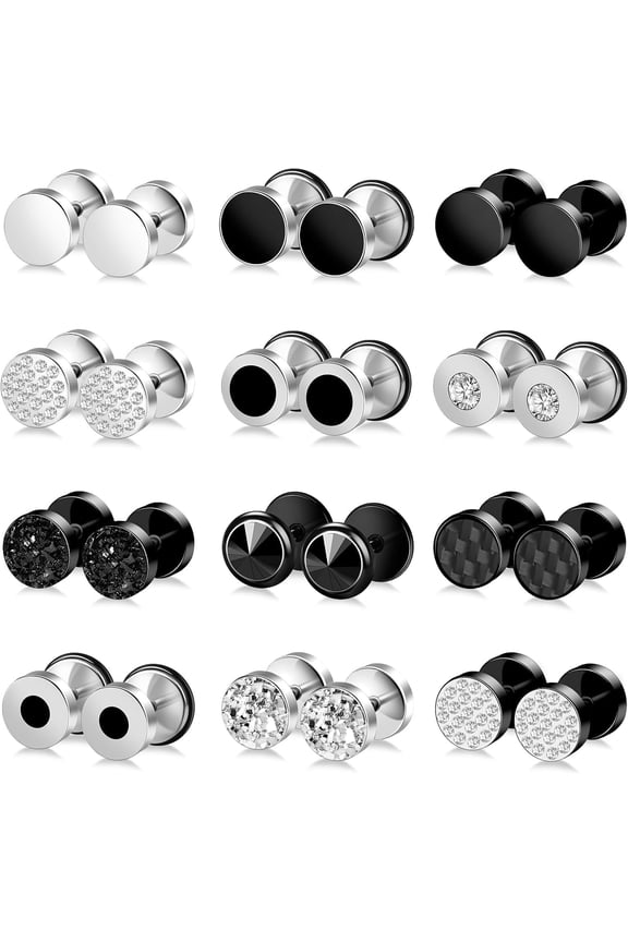 Fake Gauge Stud Earrings 12 Pairs, Stainless Steel Round Faux Gauges Piercings for Men Women