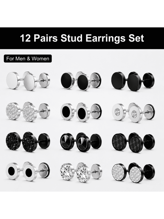Fake Gauge Stud Earrings 12 Pairs, Stainless Steel Round Faux Gauges Piercings for Men Women